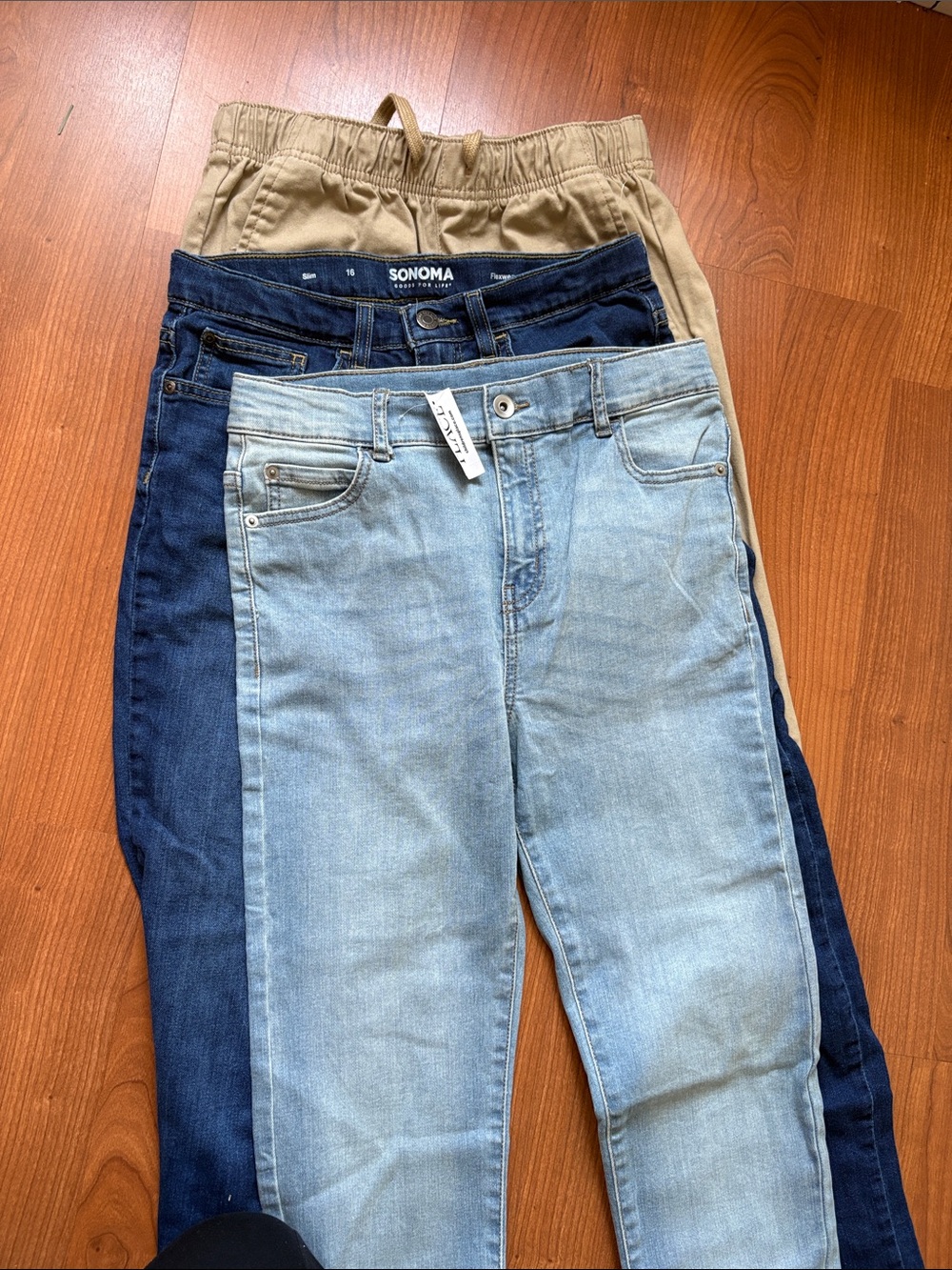 Sonoma Khakis, Old Navy Denim & Children’s Place— Light Blue, Dark Blue & Tan